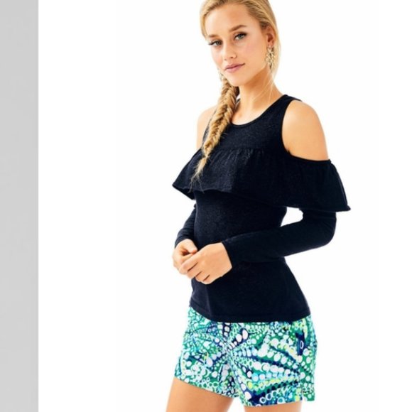 Lilly Pulitzer Sweaters - Lilly Pulitzer Burke Onyx Metallic Pullover Cold Shoulder Ruffle Sweater Black M